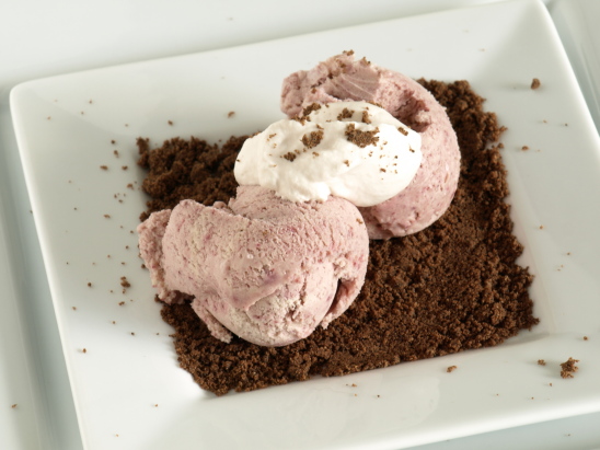Blackberry Ice Cream with Coffee-Cocoa Soil and Chambourd Cream Photo of Blackberry Ice Cream with Coffee-Cocoa Soil and Chambourd Cream
