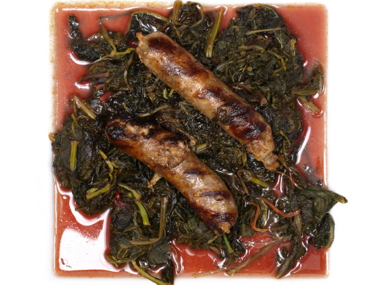 Grilled Chorizo with Cider Braised Greens Photo of Grilled Chorizo with Cider Braised Greens